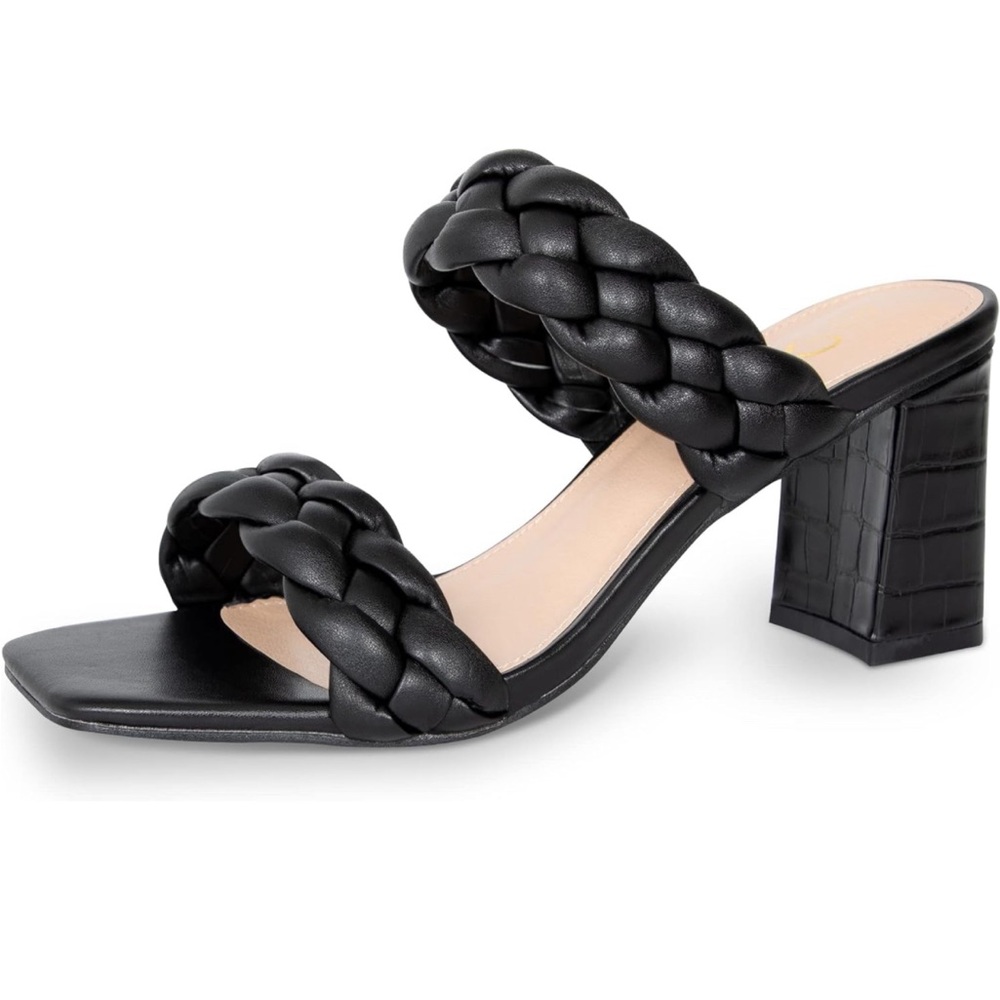 Black leather block heel sandal